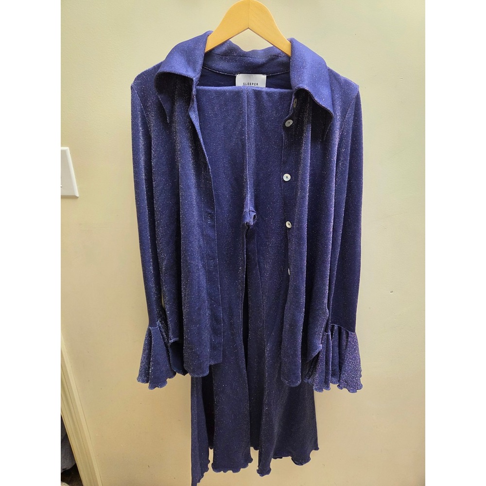 Sleeper‎ Lurex Lounge Set Blue Metallic Ruffle Cuff Shirt and Leggings Small
